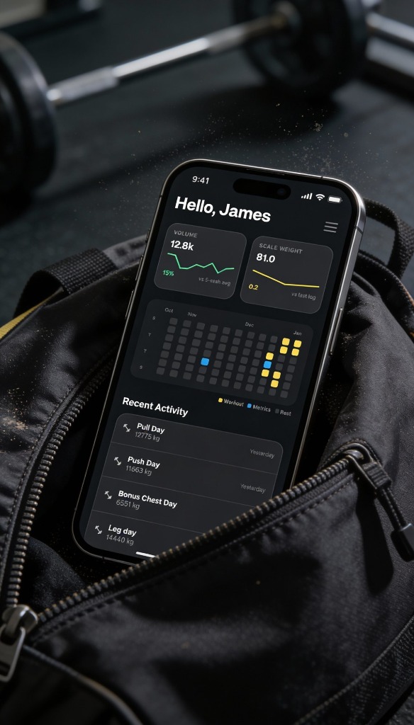 IronTrack dashboard screen in gym bag